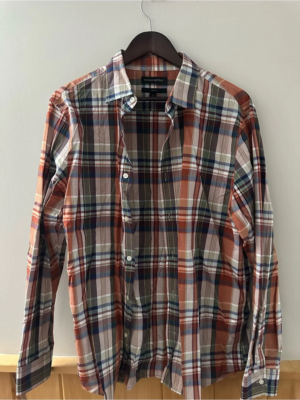 Banana Republic Men's Orange and Blue Plaid Button-Down Shirt